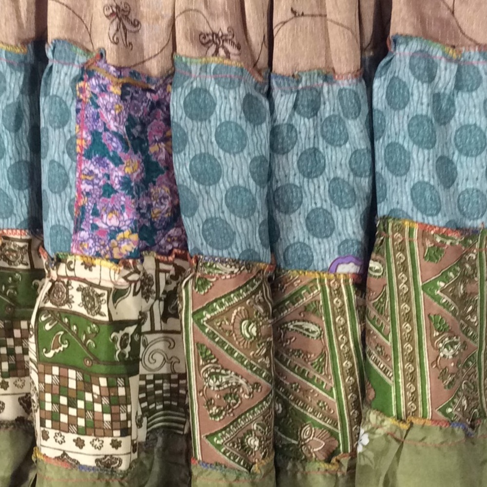 Vintage Boho Silk Sari Patchwork 2-Way Smocked Tube Dress / Maxi Skirt-XSmall - Picture 8 of 11
